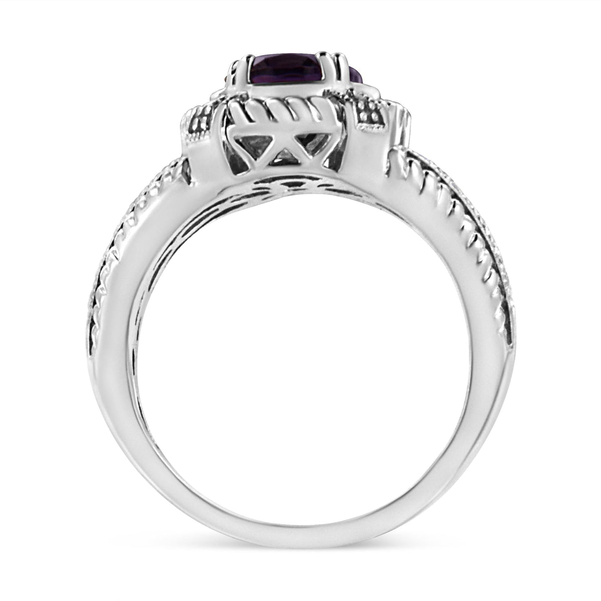 .925 Sterling Silver 9X7 Oval MM Purple Amethyst Solitaire and Diamond Accent Ring-3