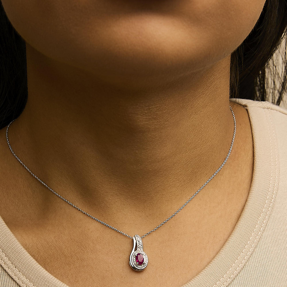 .925 Sterling Silver Red Ruby and Diamond Accent Milgrain Swirl Pendant Necklace - 18" Inches-2